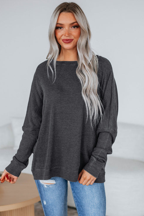 Waffle Knit Drop Shoulder Wide Crewneck Banded Hem Loose Fit Top